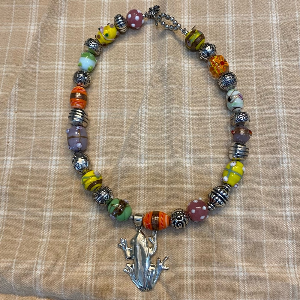 Lilly Pulitzer Sterling Silver Murano Glass Bead Necklace w Frog Pendant Vintage